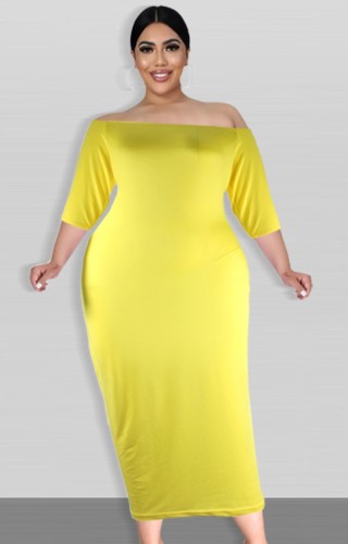 Autumn Plus Size Yellow Off Shoulder Half Sleeve Long Dress