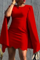 Vestido de oficina de manga de capa de cuello redondo rojo elegante de otoño con dobladillo ondulado