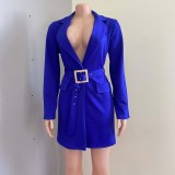 Autumn Blue Long Sleeve Blazer Dress with Belt