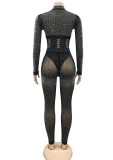 Summer Sexy Black Beaded Long Sleeve Crop Top and Pants Matching Set