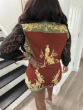 Fall Lace Patch Sleeve Print Retro Blouse and Shorts Matching Set