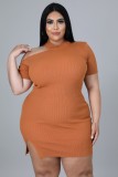Fall Plus Size Orange Cut Out Ribbed Bodycon Dress