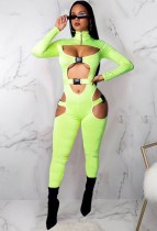 Herbst Sexy Grüner Bodycon Jumpsuit mit Ausschnitten und Rollkragen