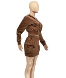 Fall Brown Velvet Hoodie Crop Top and Mini Skirt Set