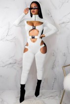 Herbst Sexy Weißer Rollkragen Bodycon Jumpsuit mit Cut-Outs
