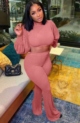 Fall Pink Puff Sleeve Crop Top and Pants Set