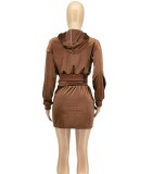 Fall Brown Velvet Hoodie Crop Top and Mini Skirt Set