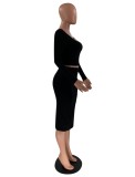 Fall Women Black Knit Crop Top and Irregular Skirt Set