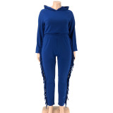 Autumn Plus Size Blue Tassels Hoody Top and Pants Sweatsuit