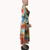 Fall Women Print Retro Pleated Elegant Long Dress