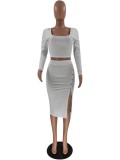 Fall Women White Knit Crop Top and Irregular Skirt Set