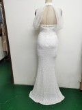 Summer Formal White Sequins Patch Mermaid Evening Dress