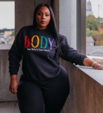 Fall Plus Size Women Print Black Regular O-Neck Sweatshirt