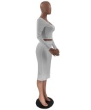 Fall Women White Knit Crop Top and Irregular Skirt Set