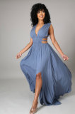 Summer Women Blue Sleeveless Deep-V Cut Out Side Slit Long Maxi Dress