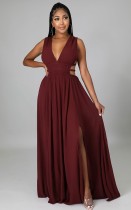 Summer Women Red Sleeveless Deep-V Cut Out Side Slit Long Maxi Dress