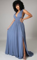 Yaz Kadın Mavi Kolsuz Derin V Kesik Yan Yarık Uzun Maxi Elbise