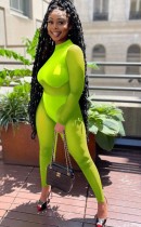 Fall Women Green Mesh Patch Sexy Long Sleeve Bodycon Jumpsuit