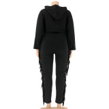 Autumn Plus Size Black Tassels Hoody Top and Pants Sweatsuit