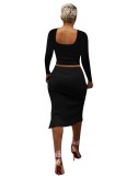 Fall Women Black Knit Crop Top and Irregular Skirt Set