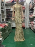 Summer Golden Sequins Sleeveless O-Neck Mermaid Evening Dress