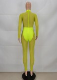 Fall Women Green Mesh Patch Sexy Long Sleeve Bodycon Jumpsuit