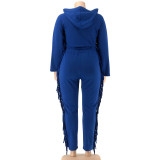 Autumn Plus Size Blue Tassels Hoody Top and Pants Sweatsuit