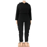 Autumn Plus Size Black Tassels Hoody Top and Pants Sweatsuit