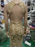Summer Golden Sequins Sleeveless O-Neck Mermaid Evening Dress