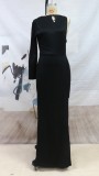 Fall Women Occassional Black Irregular Evening Dress with Single Sleeve