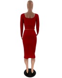 Fall Women Red Knit Crop Top and Irregular Skirt Set