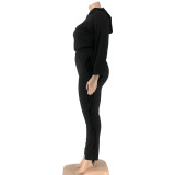 Autumn Plus Size Black Tassels Hoody Top and Pants Sweatsuit