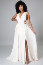 Summer Women White Sleeveless Deep-V Cut Out Side Slit Long Maxi Dress