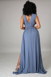 Summer Women Blue Sleeveless Deep-V Cut Out Side Slit Long Maxi Dress