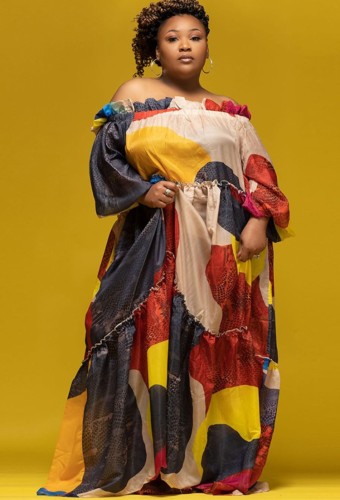 Sonbahar Büyük Beden Desenli Renkli Off Omuz Uzun Maxi Elbise