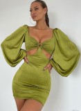 Fall Elegant Green Vintage Puff Sleeve Cut Out Mini Dress