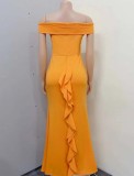 Fall Orange Off Shoulder Fishtail Long Evening Dress