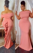 Fall Pink Off Shoulder Fishtail Long Evening Dress