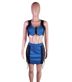 Summer Sexy Two Piece Lace-Up Denim Crop Top and Mini Skirt Set