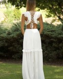 Summer White V-Neck Cut Out Sleeveless Ruffles Long Dress
