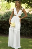 Summer White V-Neck Cut Out Sleeveless Ruffles Long Dress