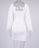 Fall Elegant White Vintage Puff Sleeve Cut Out Mini Dress
