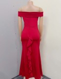 Fall Red Off Shoulder Fishtail Long Evening Dress