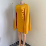 Autumn Elegant Ginger Round Neck Cloak Sleeve Office Dress with Wave Hem