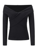 Fall Elegant Black Knit V-Neck Basic Top