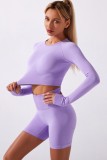 Fall Purple Sports Crop Top and High Waist Shorts Yoga Set