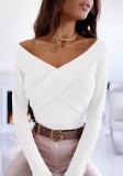 Fall Elegant White Knit V-Neck Basic Top