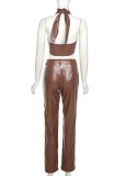 Fall Party Brown Leather Sexy Crop Top and Pants Set