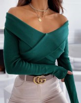 Fall Elegant Green Knit V-Neck Basic Top