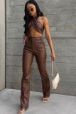 Fall Party Brown Leather Sexy Crop Top and Pants Set